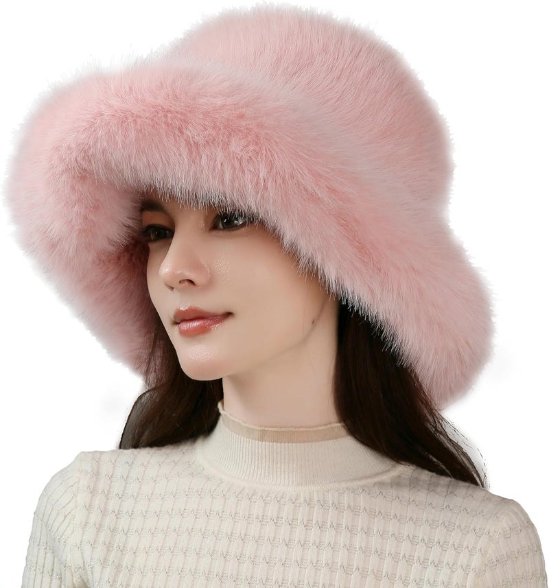 Dikoaina Luxury Faux Fur Bucket Hat for Women Girl – Oversized Brim, Super Soft & Fluffy Winter Hat, Cozy Fur-Like Beanie - Image 1